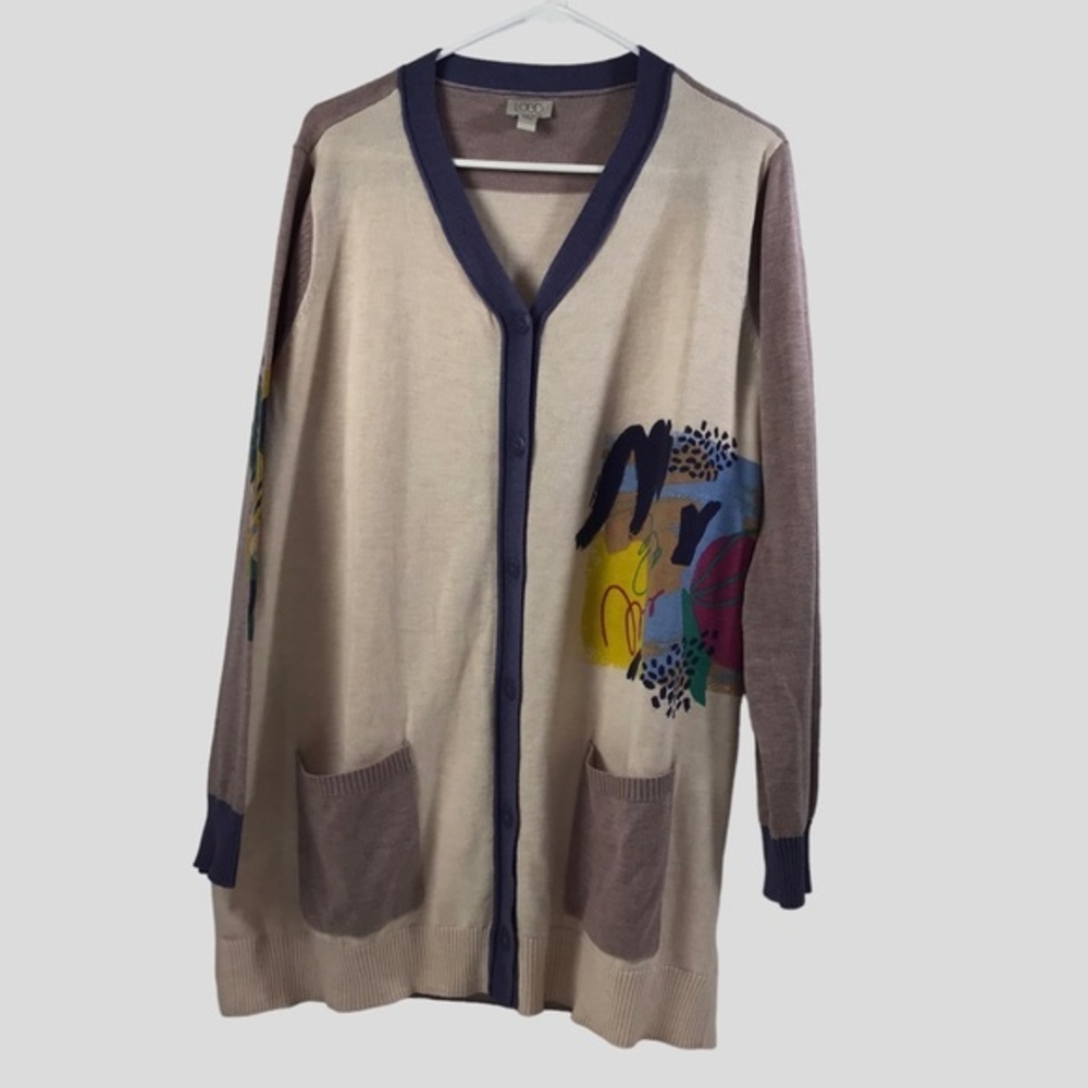 LOGO by Lori Goldstein - Color Block Cardigan Sweater w Graphics - Size Large